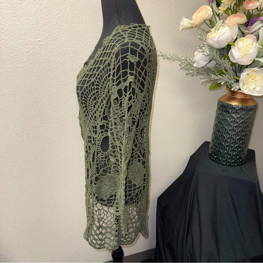 Cato Olive Green Crochet Knit Top Boho Sheer Long Sleeve Festival 14/16W - Picture 2 of 8